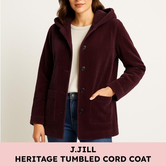 jji Jackets & Blazers - J.Jill jacket women’s corduroy hooded heritage soft-lined coat plum S